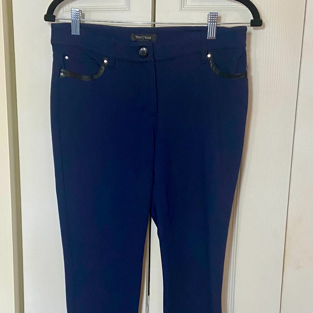 WHBM Navy Ponte pants with leather trim, zip and snap ankle